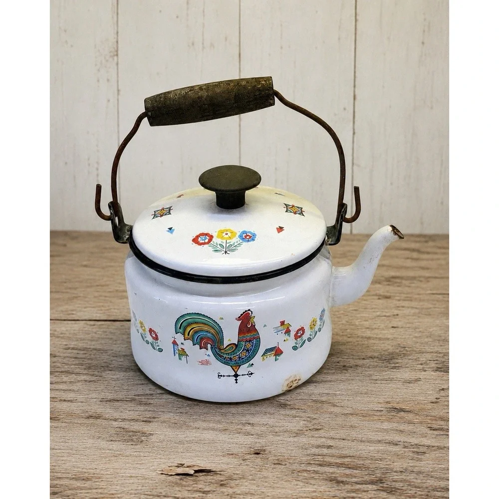 Berggren Rooster Enamelware Tea  Pot Kettle Swedish Folk Art Vintage with Handle